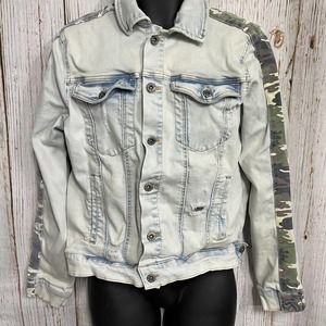 y2k 2000s Arizona Jeans Men Denim Jacket Size M Light Blue Camo Sleeves STAINS